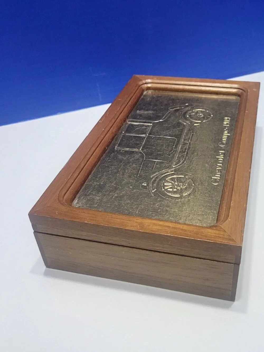 Vintage Wood Jewelry Box with Gold Embossed 1919 Chevrolet Coupe Lid